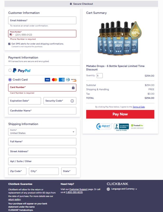 Official Metabo Drops secure payment page for online purchase